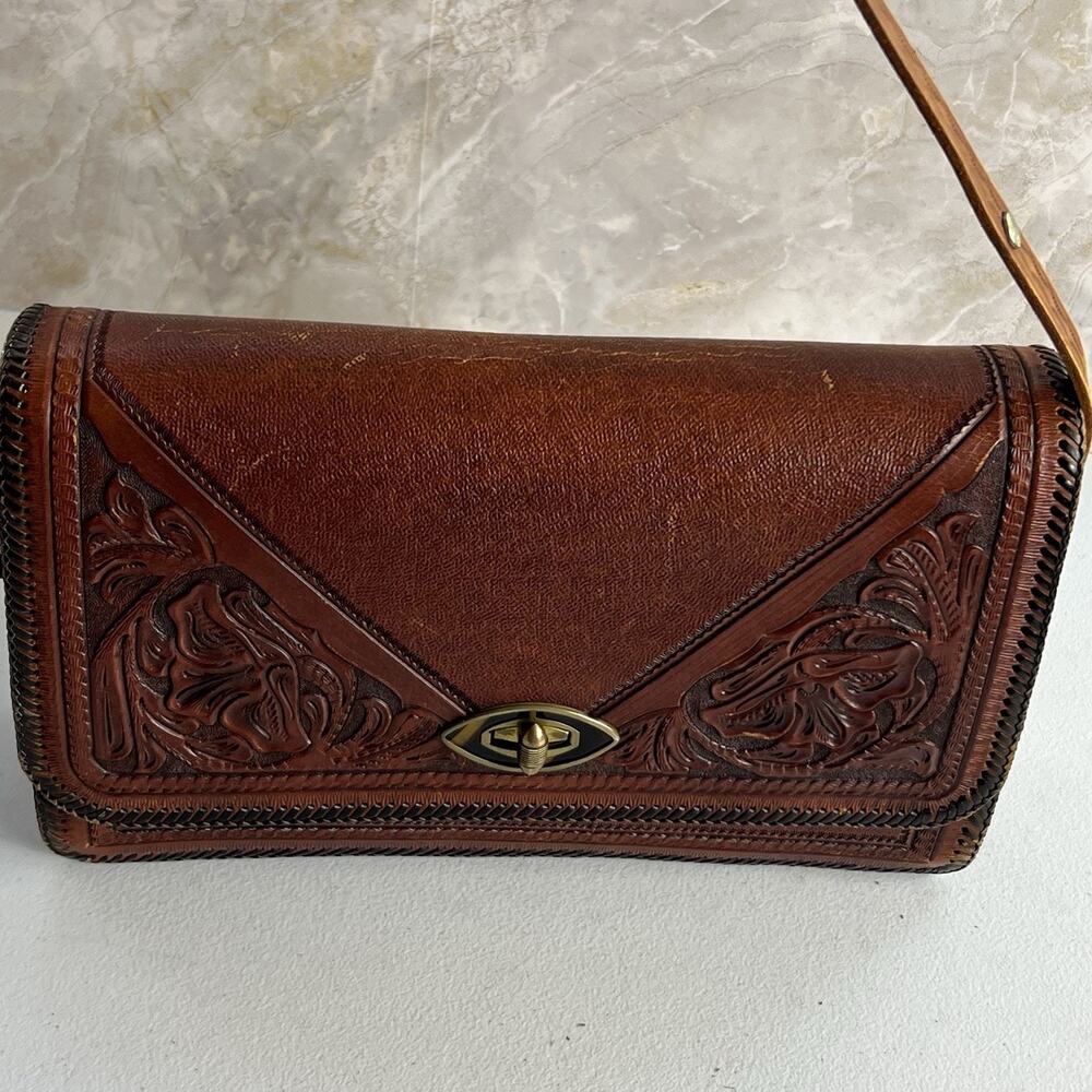 Vintage Artisan Leather Crossbody Bag 12" Twist Lock Embossed Tooled Whipstitch